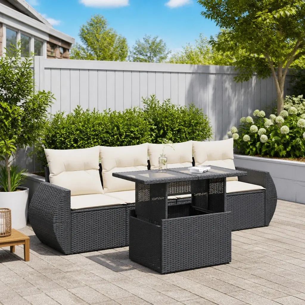 5 Piece Garden Sofa Set Black Poly Rattan Outdoor Furniture Patio Seating with