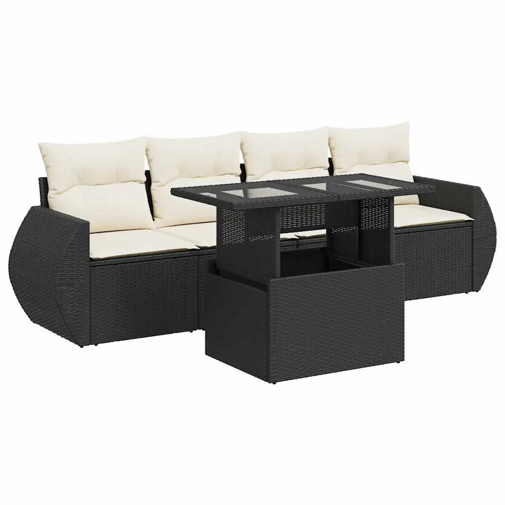 5 Piece Garden Sofa Set Black Poly Rattan Outdoor Furniture Patio Seating with