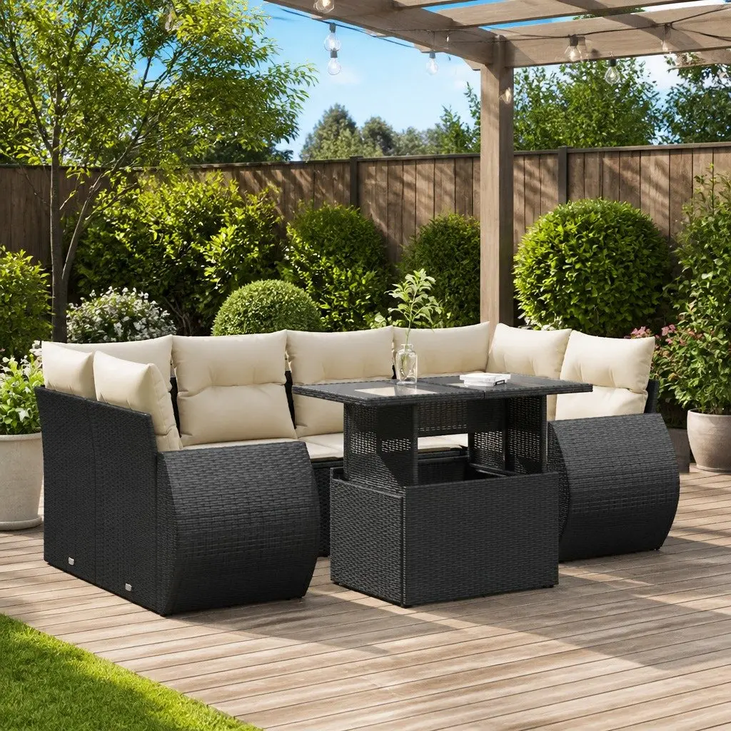 Garden Sofa Set 7 Piece Black PE Rattan Outdoor Furniture with Adjustable Table and Storage