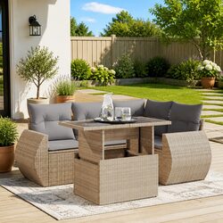 Garden Sofa Set 5 Piece Outdoor Furniture Patio Beige Poly Rattan with Storage