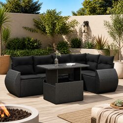 Garden Sofa Set 6 Piece Outdoor Furniture Black Poly Rattan with Storage
