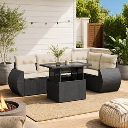 Garden Sofa Set 6 Piece Outdoor Patio Furniture Black Poly Rattan with Cushions