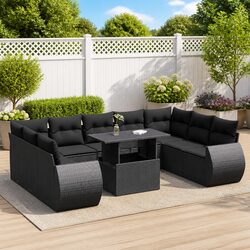 Outdoor Garden Sofa Set 10 Piece Black Poly Rattan Patio Furniture with
