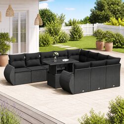 Garden Sofa Set 11 Piece Outdoor Furniture Black Poly Rattan Patio with Cushions