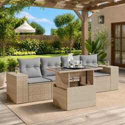 Garden Sofa Set 5 Piece Outdoor Furniture Patio Beige Poly Rattan with Cushions