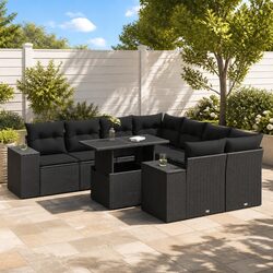 Garden Sofa Set 9 Piece Outdoor Furniture Black Poly Rattan Patio Lounge with