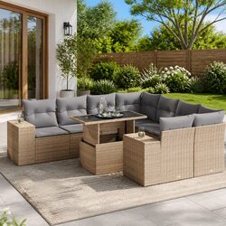 Outdoor Garden Sofa Set 9 Piece Beige Poly Rattan Patio Furniture with Cushions