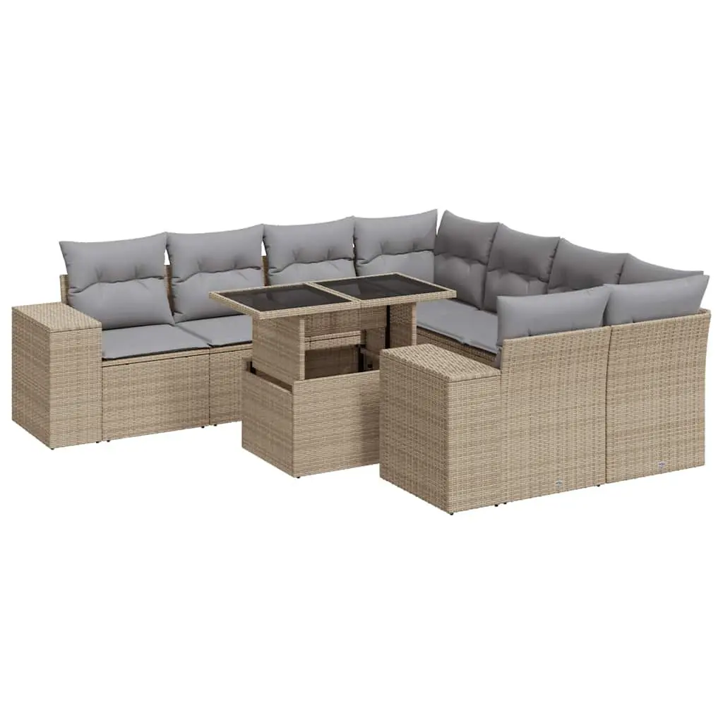 Outdoor Garden Sofa Set 9 Piece Beige Poly Rattan Patio Furniture with Cushions
