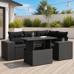 5 Piece Garden Sofa Set with Storage Cushions Black Poly Rattan Outdoor