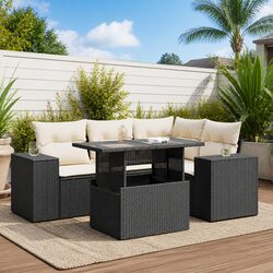 5 Piece Outdoor Garden Sofa Set with Storage Black Poly Rattan Patio Furniture