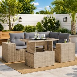 Outdoor Garden Sofa Set 5 Piece Beige Poly Rattan Patio Furniture with Cushions