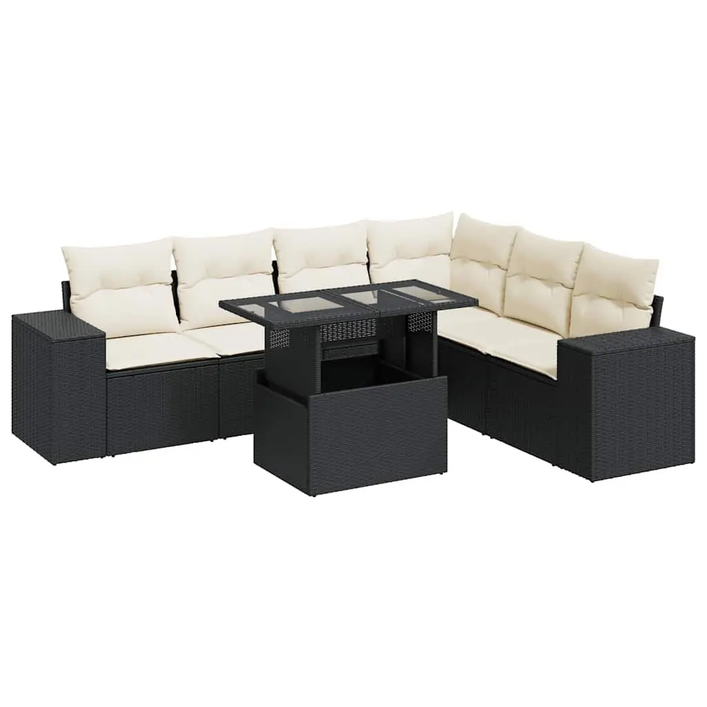 7 Piece Garden Sofa Set Outdoor Patio Furniture Black Poly Rattan with Cushions