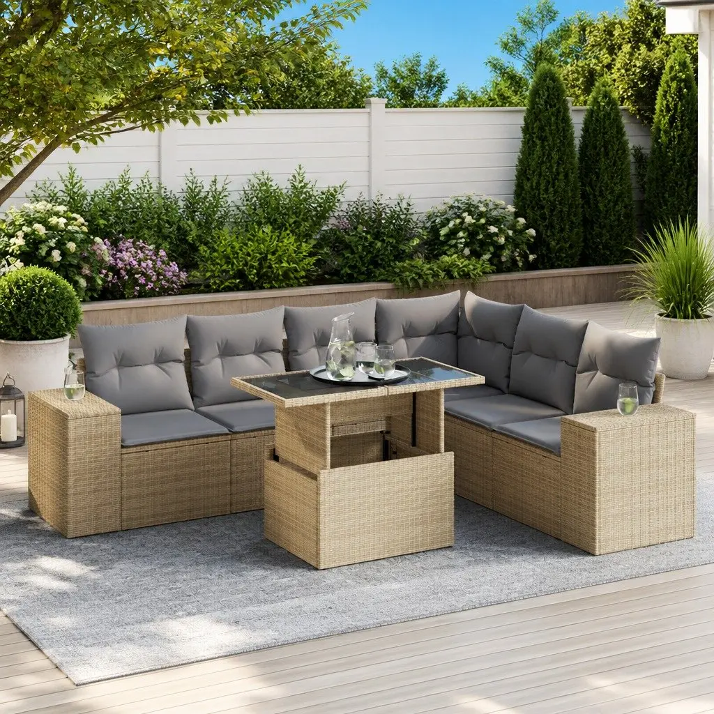 7 Piece Outdoor Garden Sofa Set with Storage Beige Poly Rattan Patio Furniture