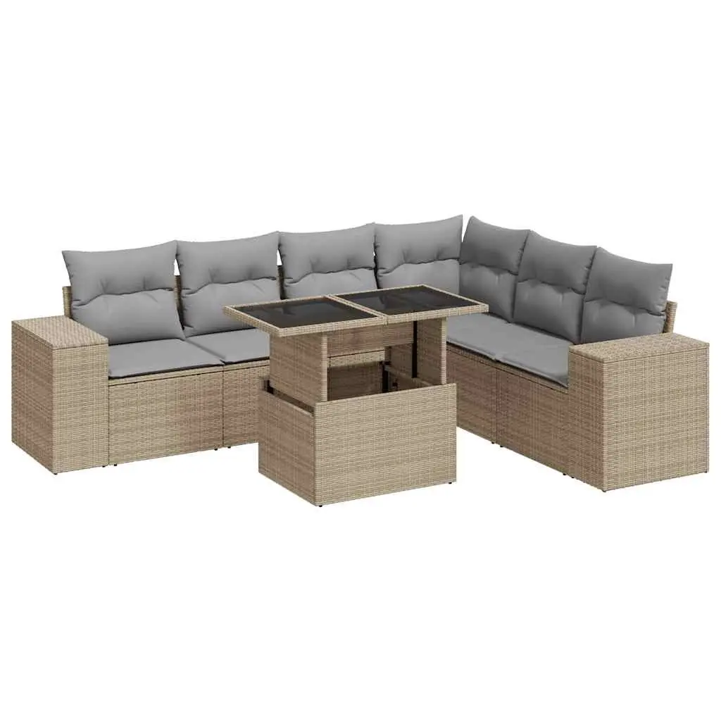 7 Piece Outdoor Garden Sofa Set with Storage Beige Poly Rattan Patio Furniture