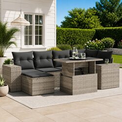 7 Piece Garden Sofa Set with Storage Cushions Grey Poly Rattan Outdoor Furniture