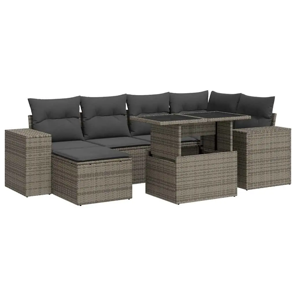 7 Piece Garden Sofa Set with Storage Cushions Grey Poly Rattan Outdoor Furniture