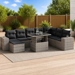 9 Piece Outdoor Garden Sofa Set Grey Poly Rattan Patio Furniture with Storage
