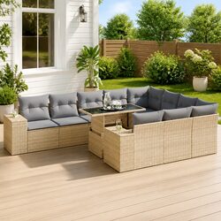 Garden Sofa Set 11 Piece Outdoor Furniture Beige Poly Rattan Patio Seating