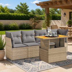 5 Piece Garden Sofa Set Beige Poly Rattan Outdoor Furniture Patio Seating with