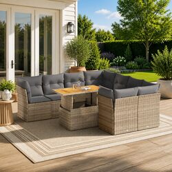 9 Piece Garden Sofa Set Beige Poly Rattan Outdoor Furniture with Cushions