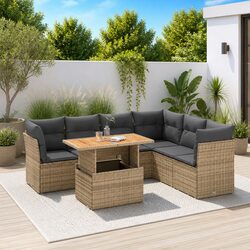 Outdoor Garden Sofa Set 7 Piece Poly Rattan Patio Furniture Beige with Cushions