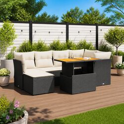 7 Piece Garden Sofa Set with Cushions and Storage Black Poly Rattan Outdoor