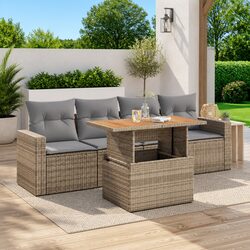 Outdoor Garden Sofa Set 5 Piece Beige Poly Rattan Patio Furniture with Cushions