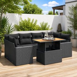 Outdoor Garden Sofa Set 7 Piece Poly Rattan Patio Furniture with Cushions Black