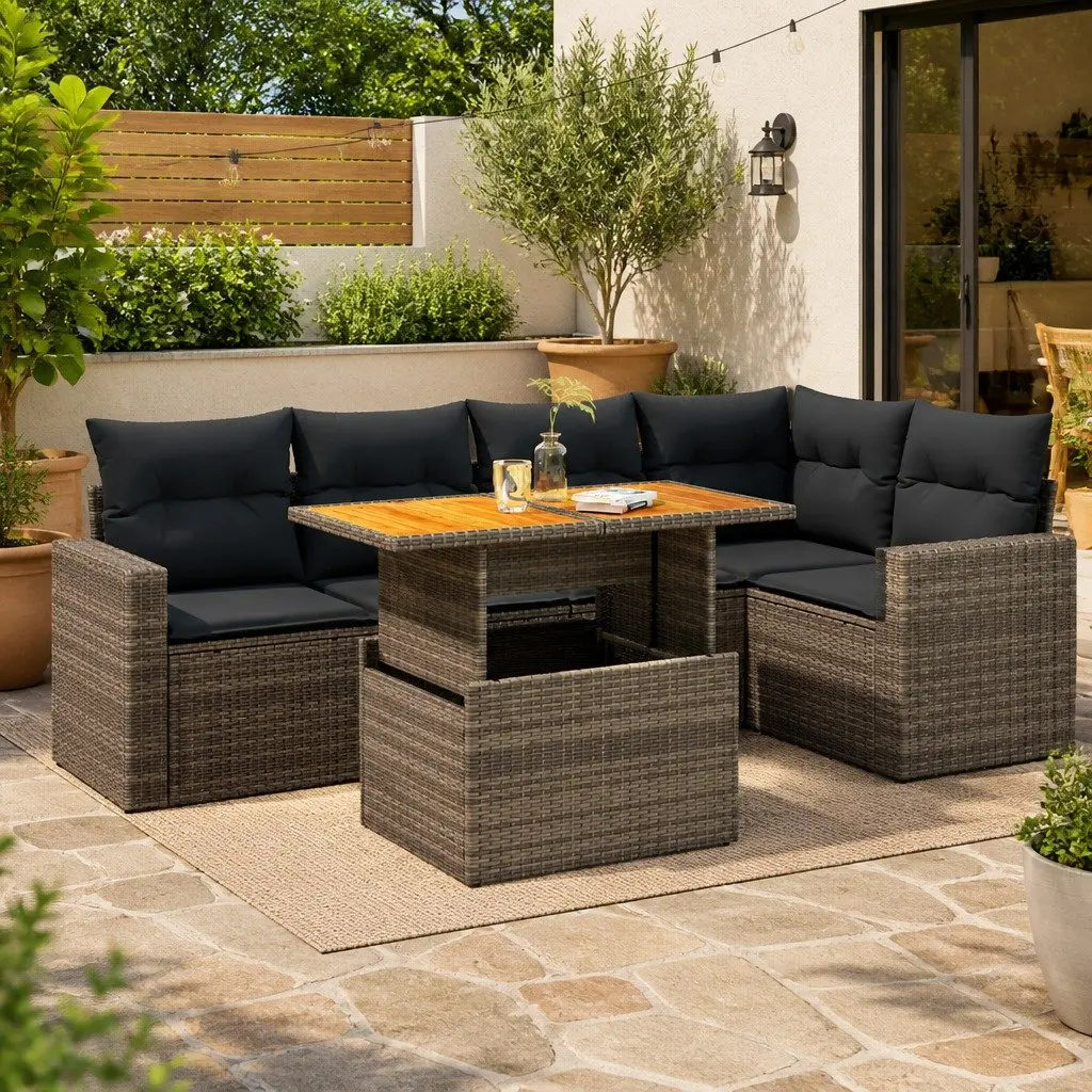 6 Piece Outdoor Garden Sofa Set Patio Furniture Grey Rattan with Storage