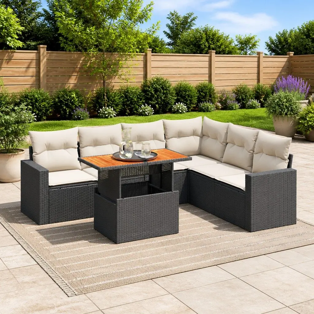 7 Piece Garden Sofa Set with Storage Cushions Black Poly Rattan Outdoor