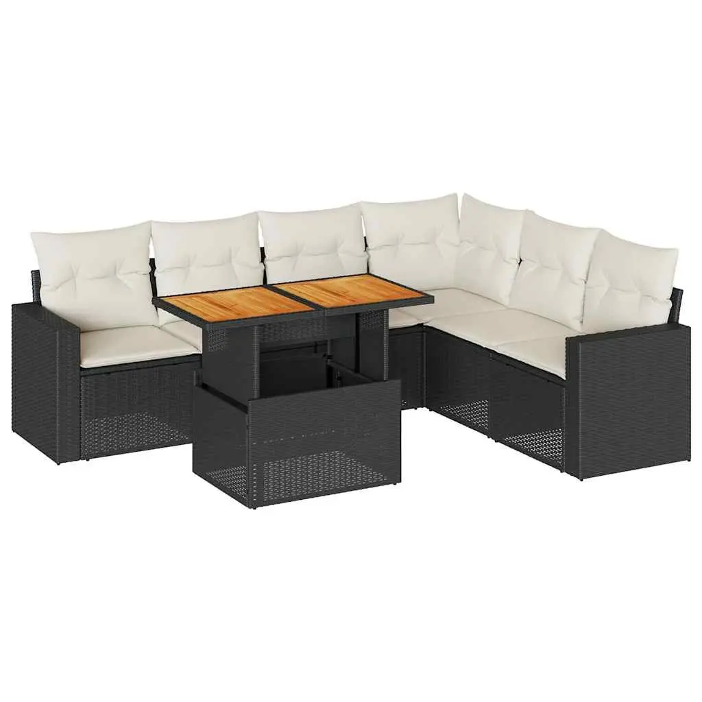 7 Piece Garden Sofa Set with Storage Cushions Black Poly Rattan Outdoor