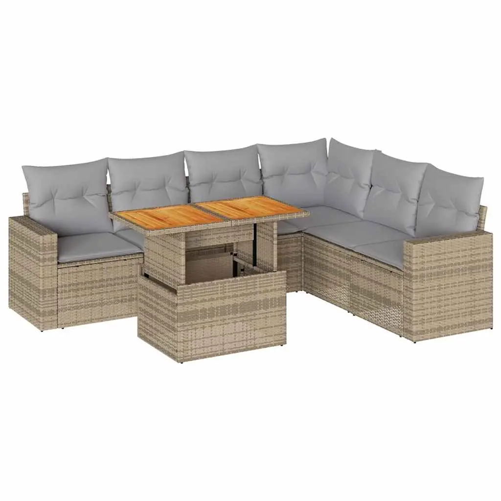 7 Piece Garden Sofa Set Beige Poly Rattan Outdoor Furniture Patio Cushions