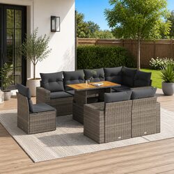 9 Piece Outdoor Garden Sofa Set Grey Poly Rattan Patio Furniture with Cushions