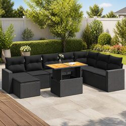 Garden Sofa Set 9 Piece Outdoor Furniture Patio Black Poly Rattan with Cushions