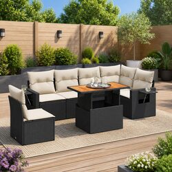 Garden Sofa Set 7 Piece Outdoor Furniture Black Rattan Patio Lounge with Storage