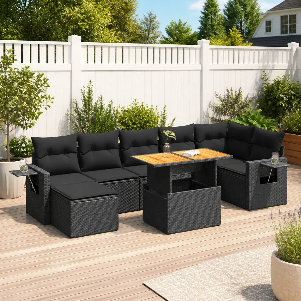 Garden Sofa Set 8 Piece Outdoor Furniture Black Poly Rattan Patio Lounger with