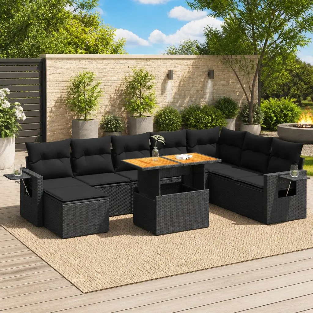 Garden Sofa Set 9 Piece Modular Outdoor Furniture PE Rattan Black with Cushions
