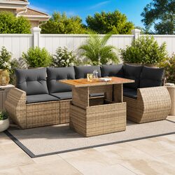 Garden Sofa Set 6 Piece Outdoor Furniture Patio Beige Poly Rattan Modular
