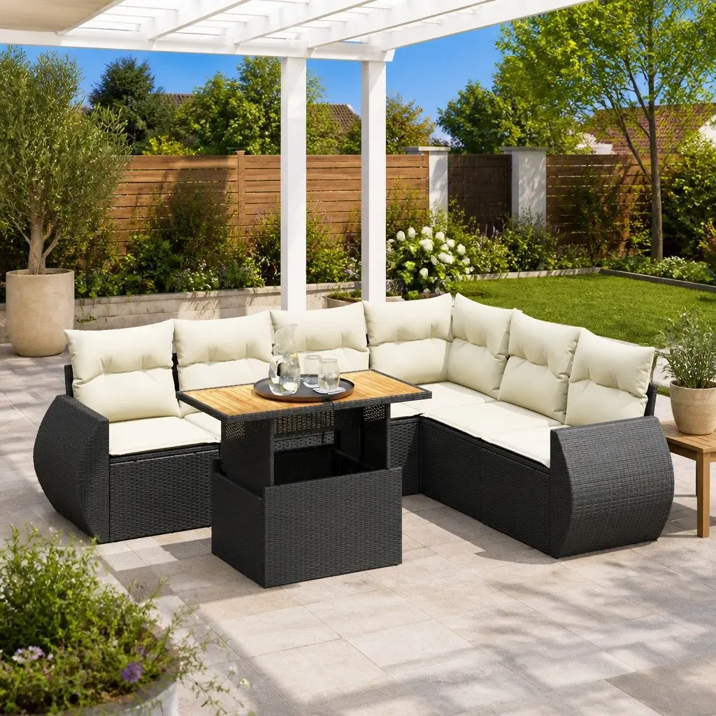 7 Piece Outdoor Garden Sofa Set Black Poly Rattan Furniture with Storage
