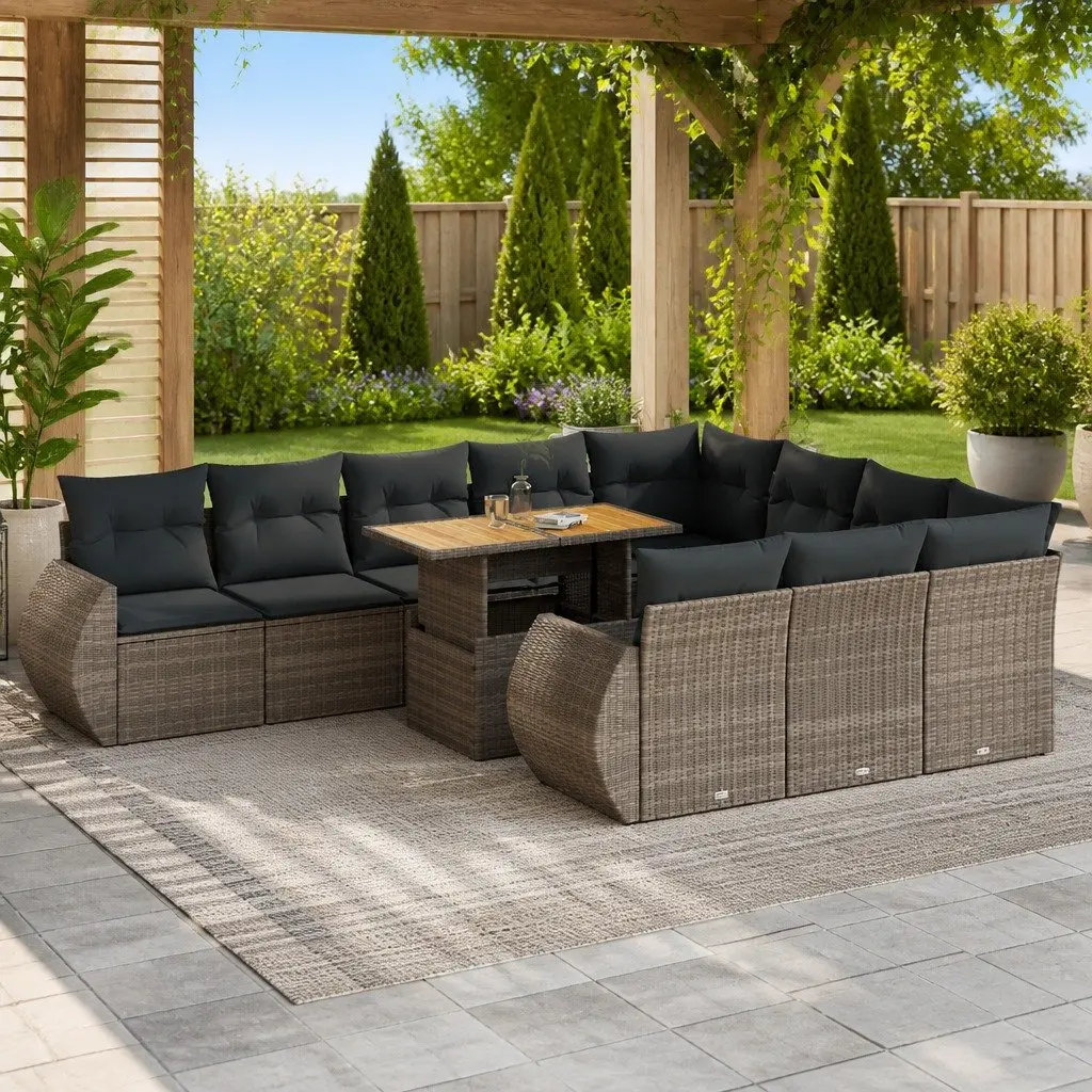 11 Piece Grey Garden Sofa Set Poly Rattan Outdoor Furniture Patio Sectional