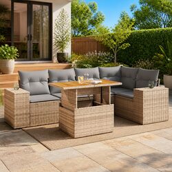 6 Piece Garden Sofa Set with Cushions Beige Poly Rattan Outdoor Furniture Patio