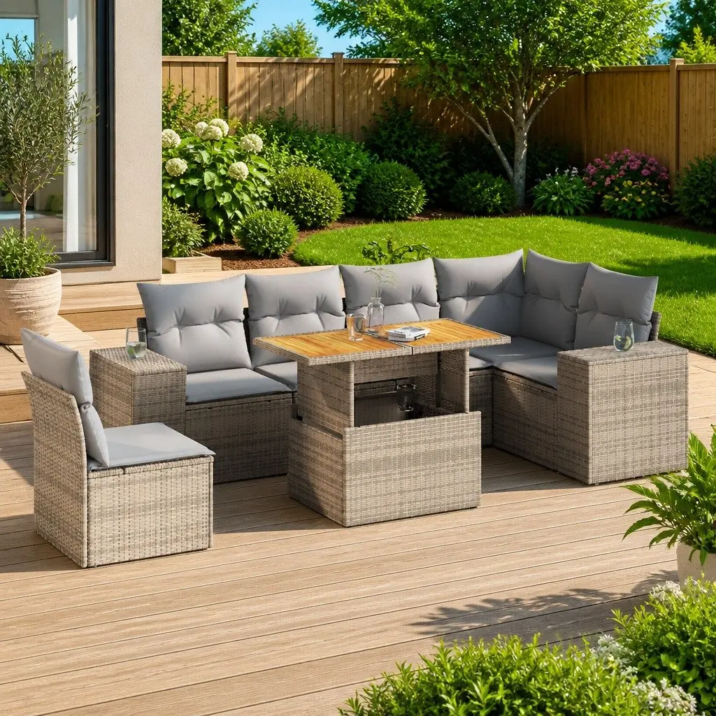 Outdoor Garden Sofa Set 7 Piece Beige PE Rattan Modular Furniture with Cushions