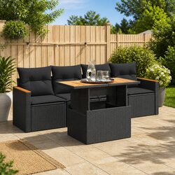 5 Piece Garden Sofa Set Black Poly Rattan Outdoor Furniture Patio Seating with