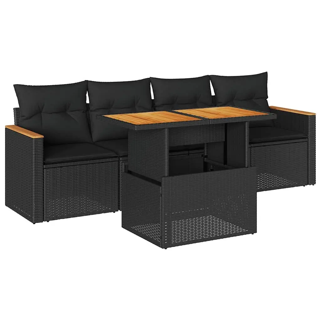 5 Piece Garden Sofa Set Black Poly Rattan Outdoor Furniture Patio Seating with