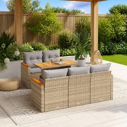 Garden Sofa Set 6 Piece Outdoor Furniture Beige Poly Rattan Modular Patio