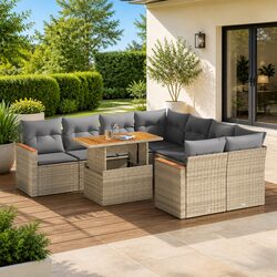 Garden Sofa Set 9 Piece Outdoor Furniture Beige Poly Rattan with Cushions