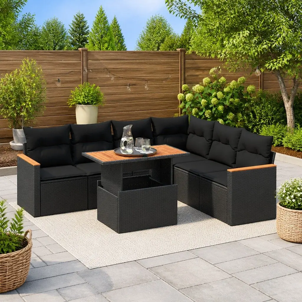 7 Piece Outdoor Garden Sofa Set Black Poly Rattan Patio Furniture with Cushions