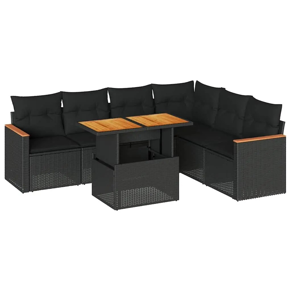 7 Piece Outdoor Garden Sofa Set Black Poly Rattan Patio Furniture with Cushions