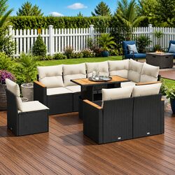 Garden Sofa Set 9 Piece Outdoor Furniture with Cushions Black Poly Rattan