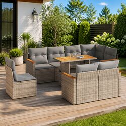 Garden Sofa Set 9 Piece Outdoor Furniture Beige Poly Rattan Patio Lounge with